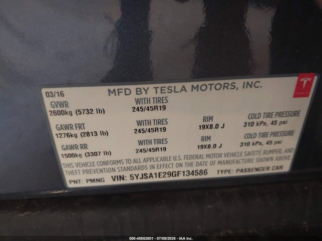 5YJSA1E29GF134586 2016 TESLA MODEL S photo no. 9