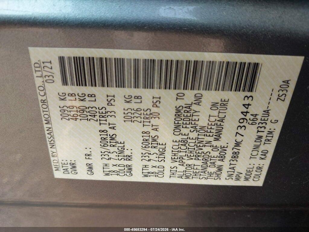 5N1AT3BB7MC739443 2021 NISSAN ROGUE photo no. 9