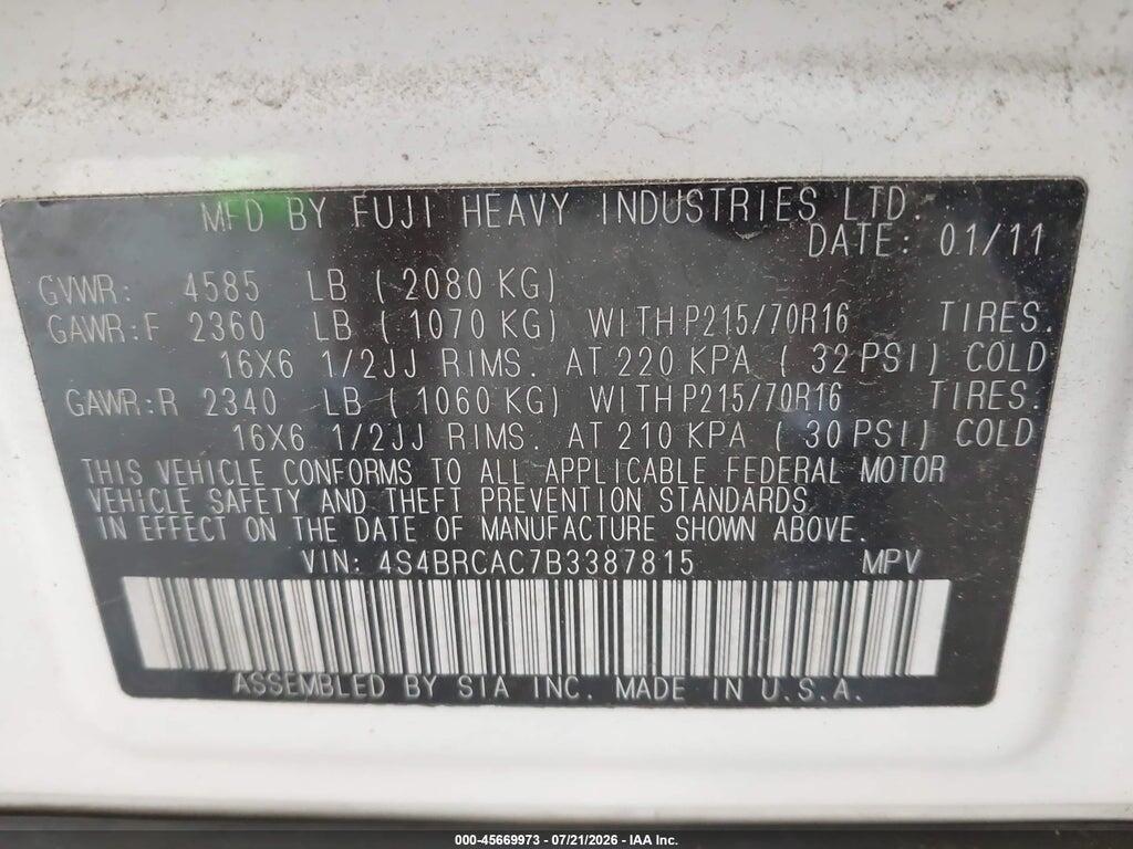 4S4BRCAC7B3387815 2011 SUBARU OUTBACK photo no. 9