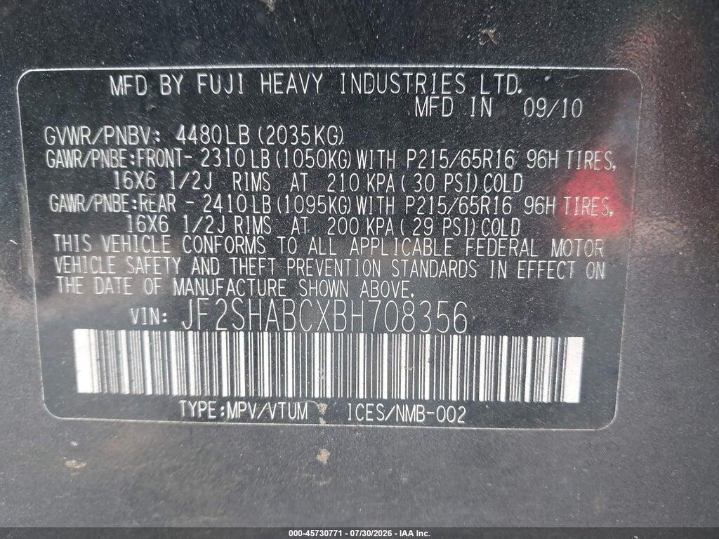 JF2SHABCXBH708356 2011 SUBARU FORESTER photo no. 9