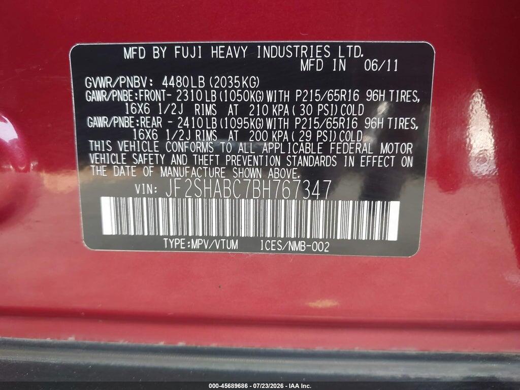 JF2SHABC7BH767347 2011 SUBARU FORESTER photo no. 9