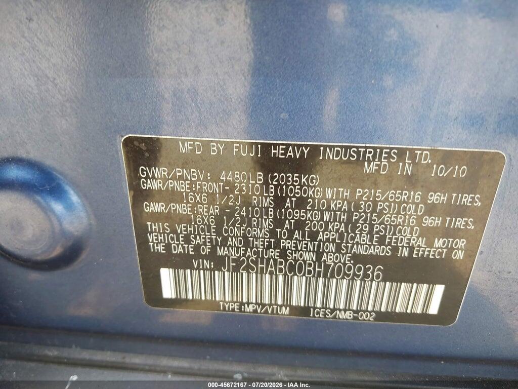 JF2SHABC0BH709936 2011 SUBARU FORESTER photo no. 9