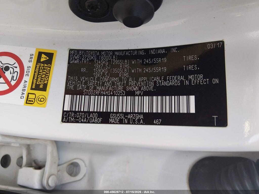 5TDDZRFH4HS410253 2017 TOYOTA HIGHLANDER photo no. 9