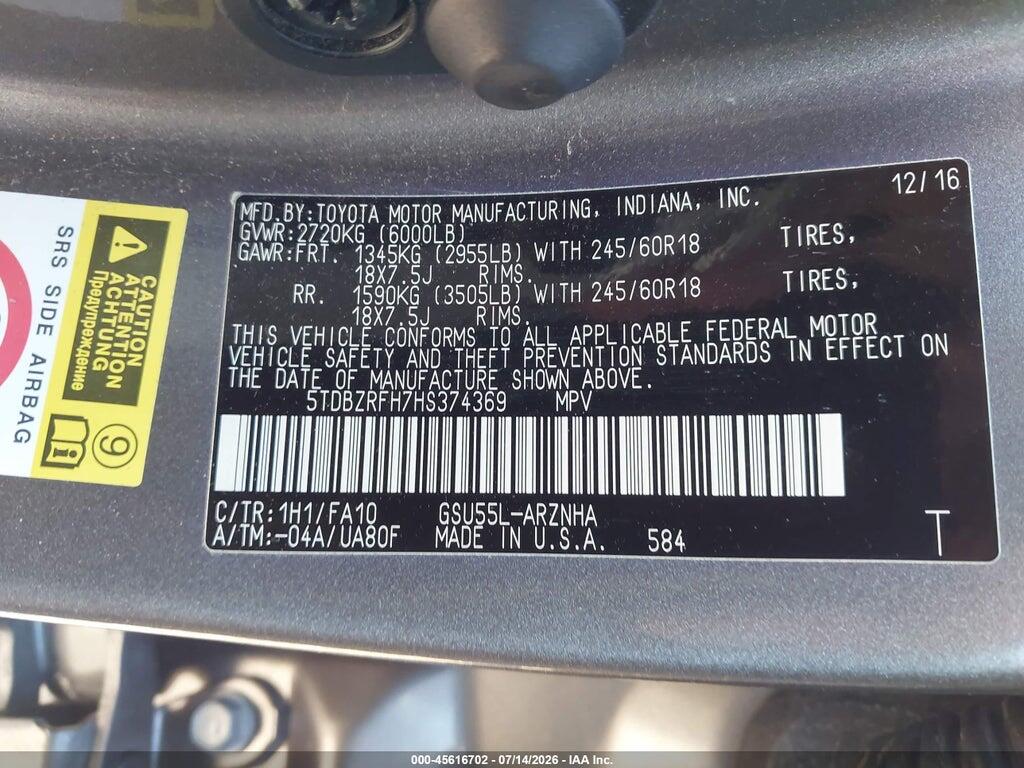 5TDBZRFH7HS374369 2017 TOYOTA HIGHLANDER photo no. 9