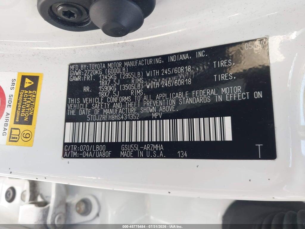 5TDJZRFH8HS431352 2017 TOYOTA HIGHLANDER photo no. 9