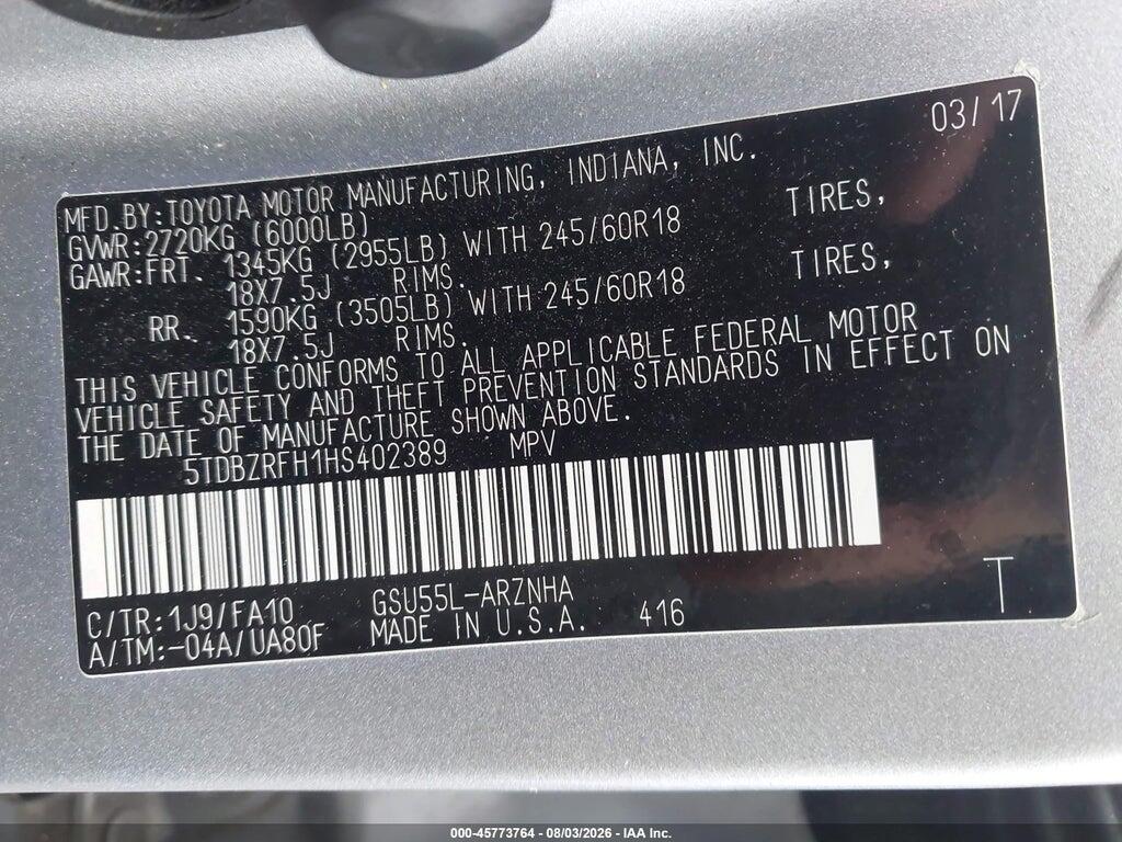 5TDBZRFH1HS402389 2017 TOYOTA HIGHLANDER photo no. 9