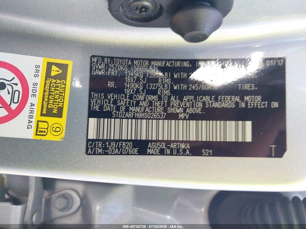 5TDZARFH8HS026537 2017 TOYOTA HIGHLANDER photo no. 9