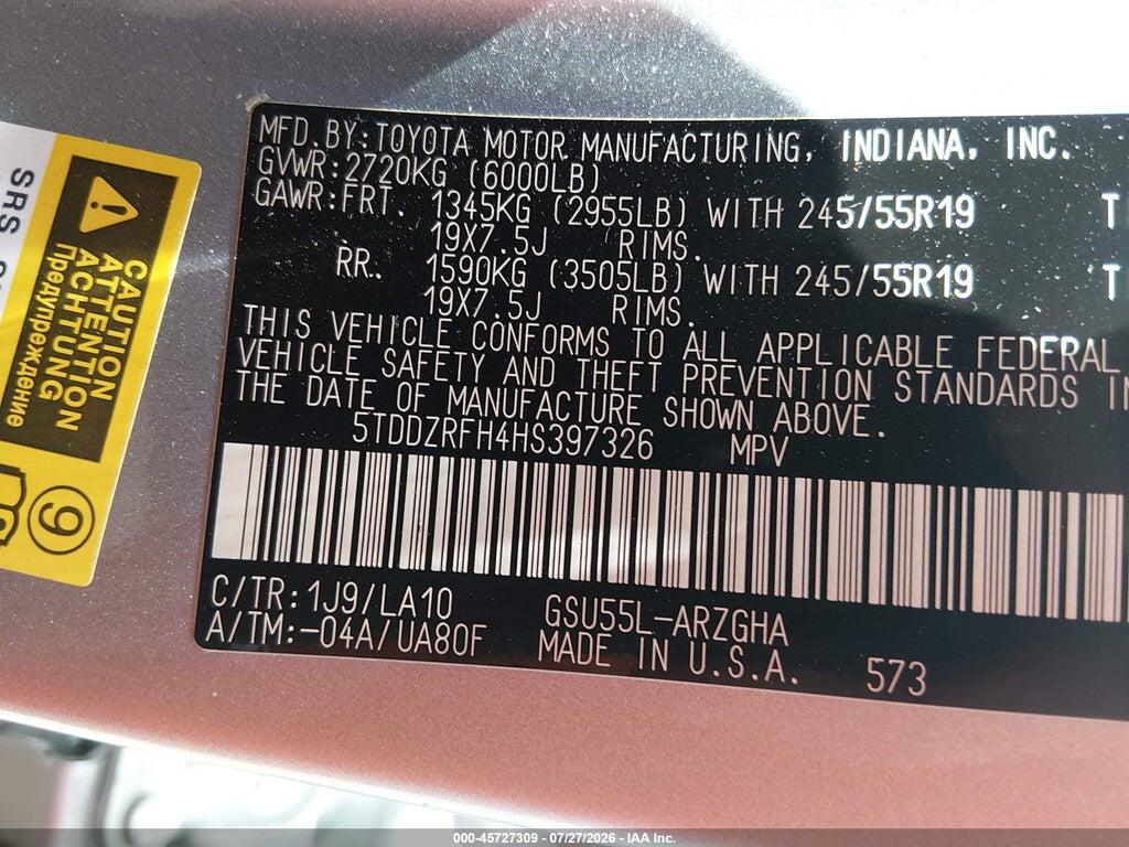 5TDDZRFH4HS397326 2017 TOYOTA HIGHLANDER photo no. 9