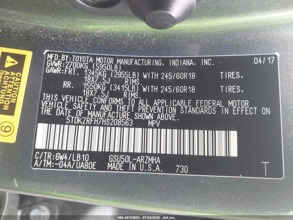 5TDKZRFH7HS208563 2017 TOYOTA HIGHLANDER photo no. 9