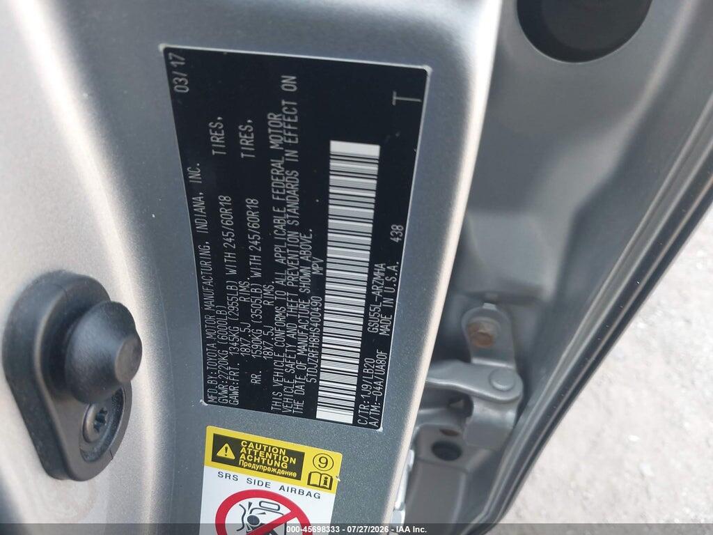 5TDJZRFH8HS400490 2017 TOYOTA HIGHLANDER photo no. 9