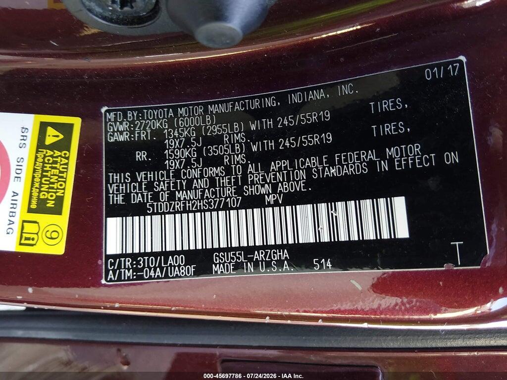 5TDDZRFH2HS377107 2017 TOYOTA HIGHLANDER photo no. 9