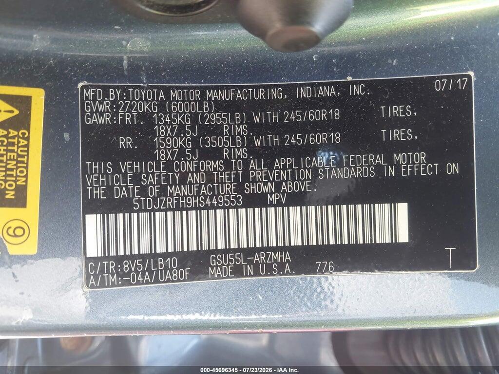 5TDJZRFH9HS449553 2017 TOYOTA HIGHLANDER photo no. 9