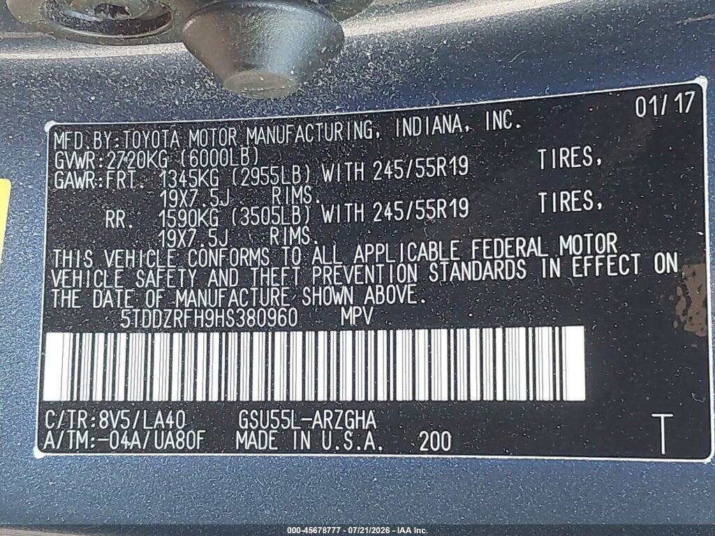 5TDDZRFH9HS380960 2017 TOYOTA HIGHLANDER photo no. 9