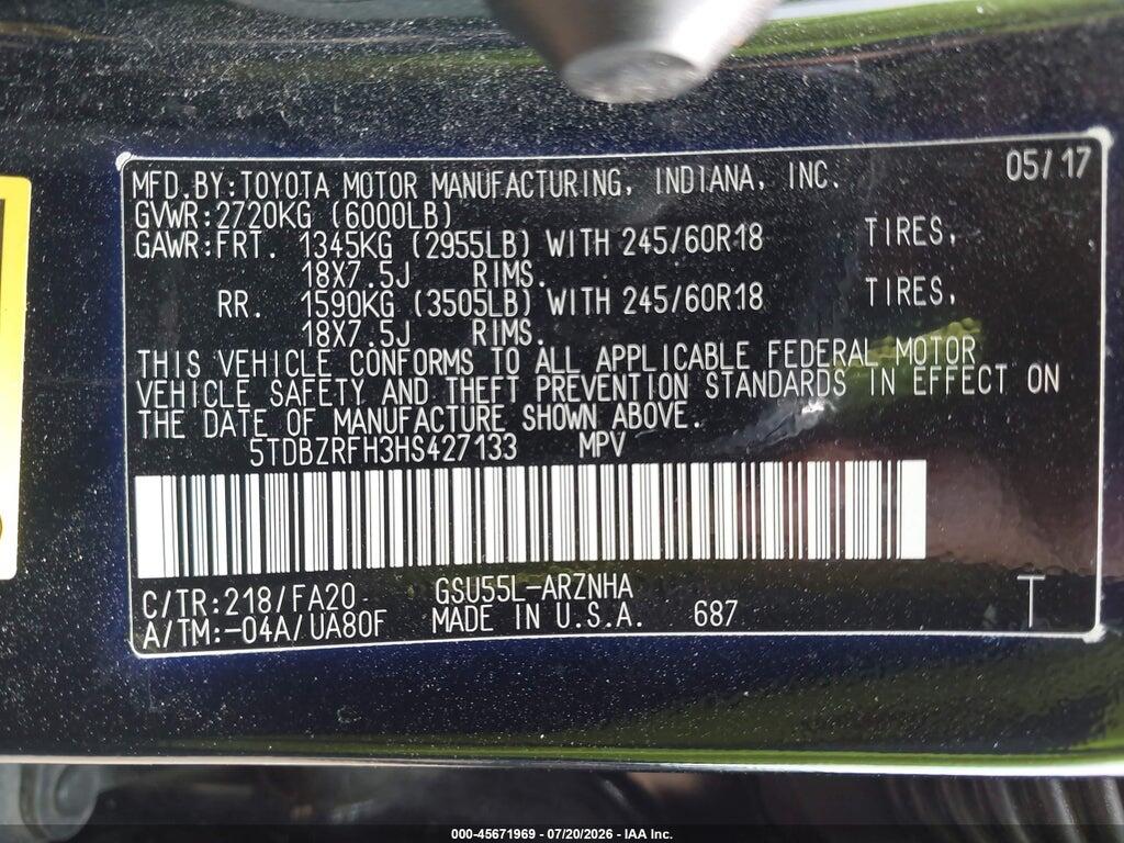 5TDBZRFH3HS427133 2017 TOYOTA HIGHLANDER photo no. 9