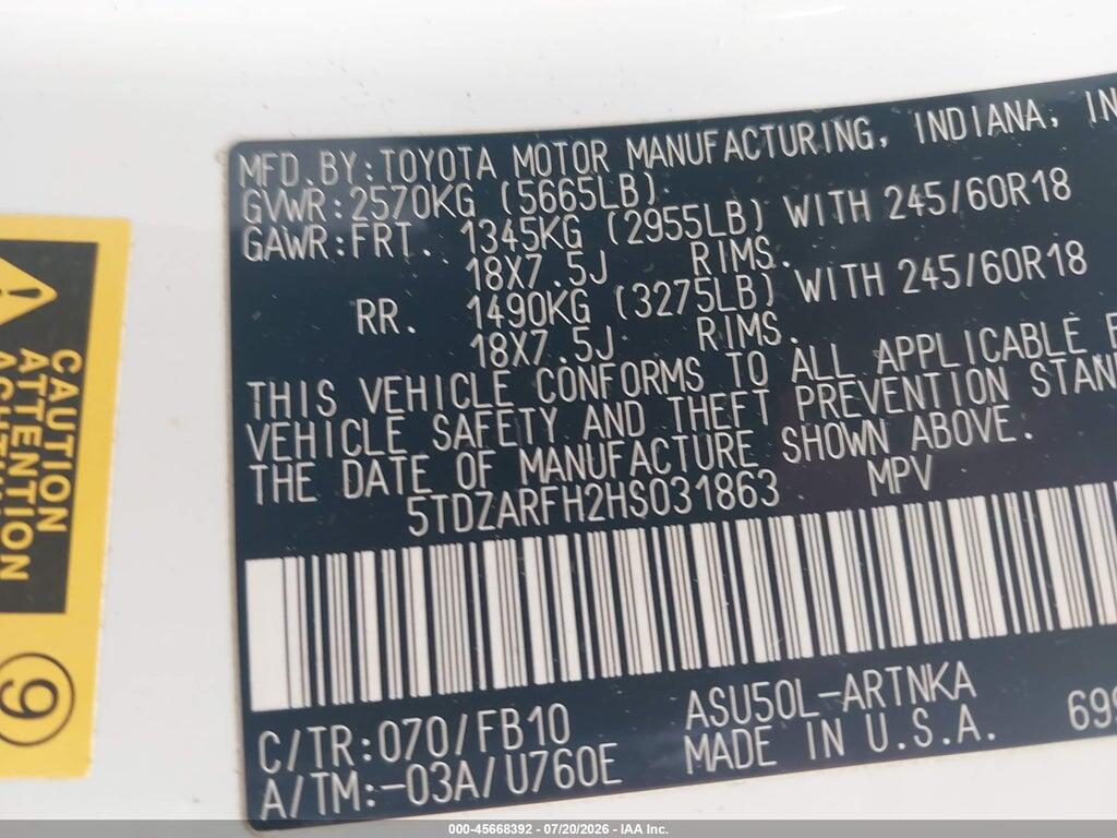 5TDZARFH2HS031863 2017 TOYOTA HIGHLANDER photo no. 9