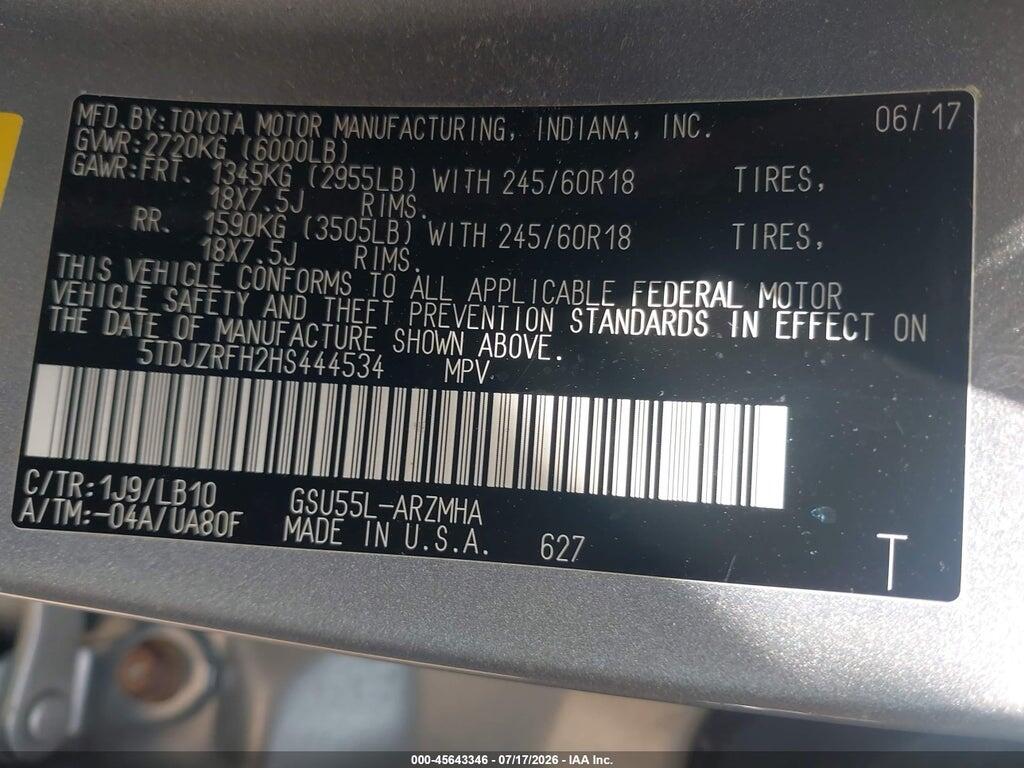 5TDJZRFH2HS444534 2017 TOYOTA HIGHLANDER photo no. 9