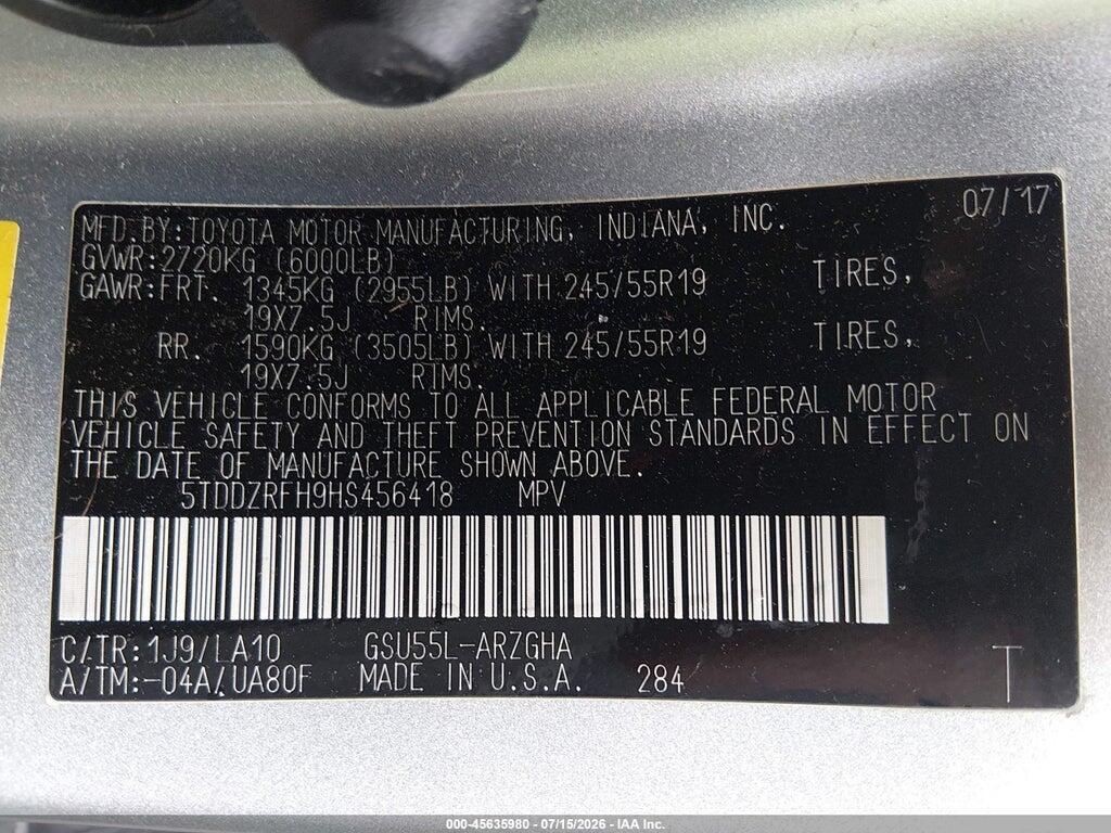 5TDDZRFH9HS456418 2017 TOYOTA HIGHLANDER photo no. 9