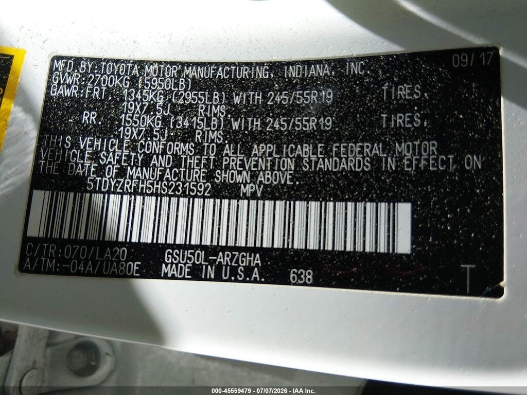 5TDYZRFH5HS231592 2017 TOYOTA HIGHLANDER photo no. 9