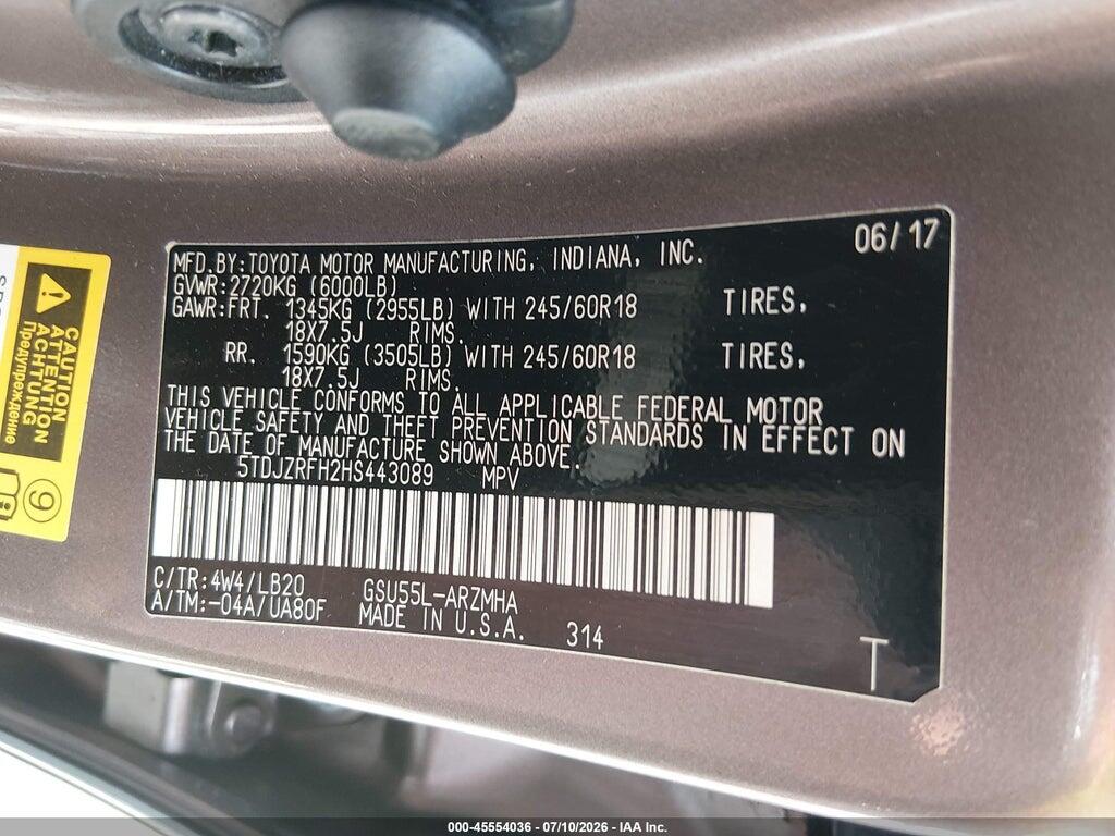 5TDJZRFH2HS443089 2017 TOYOTA HIGHLANDER photo no. 9