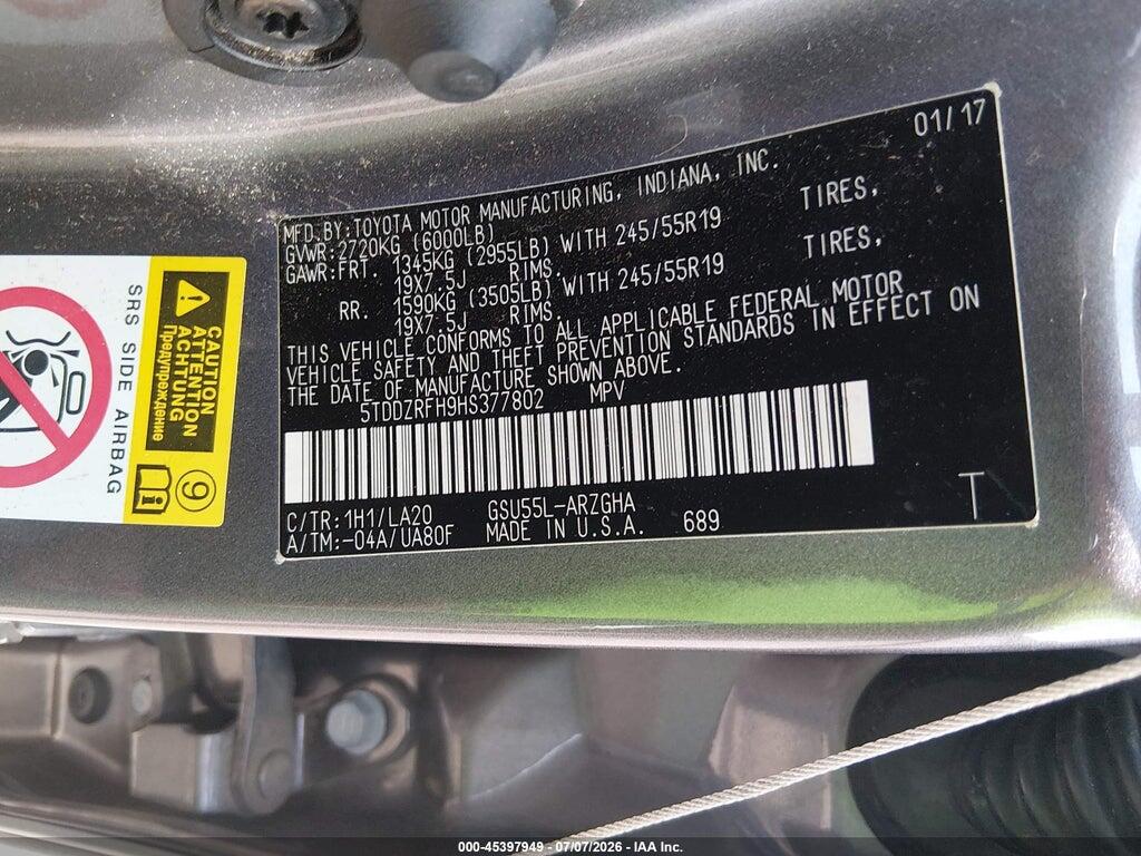 5TDDZRFH9HS377802 2017 TOYOTA HIGHLANDER photo no. 9