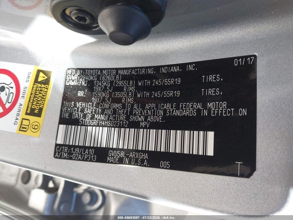 5TDDGRFH4HS023112 2017 TOYOTA HIGHLANDER HYBRID photo no. 9