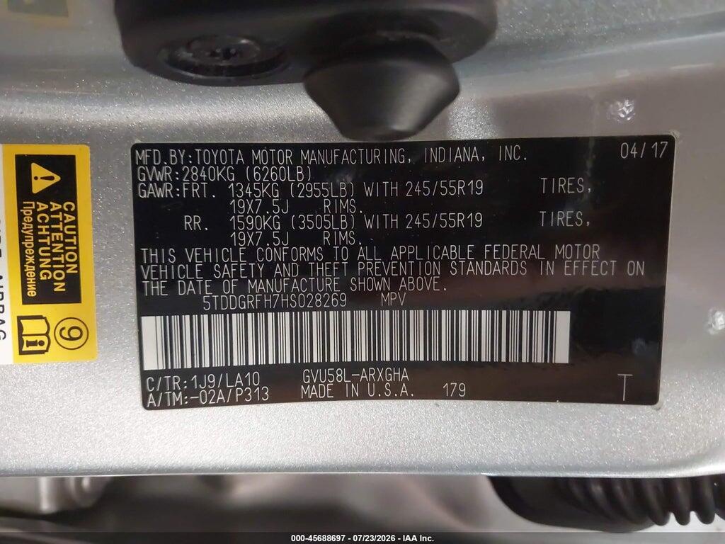 5TDDGRFH7HS028269 2017 TOYOTA HIGHLANDER HYBRID photo no. 9