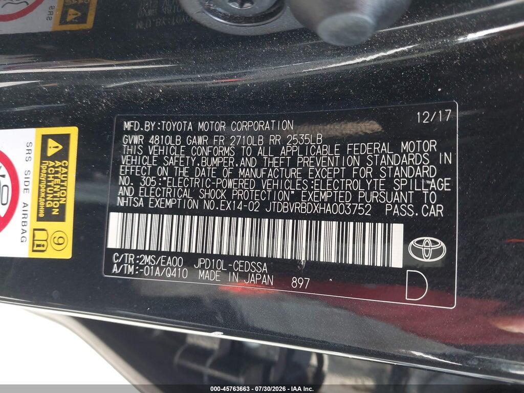 JTDBVRBDXHA003752 2017 TOYOTA MIRAI photo no. 9