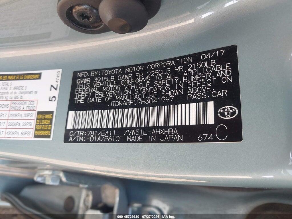 JTDKARFU7H3041997 2017 TOYOTA PRIUS photo no. 9