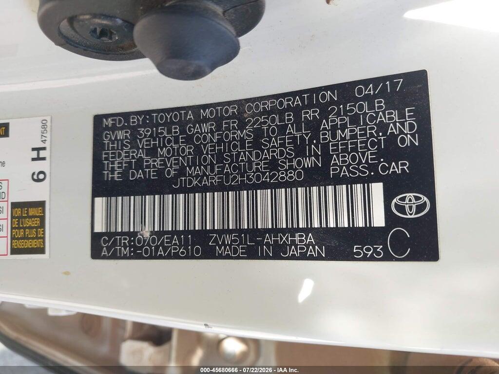 JTDKARFU2H3042880 2017 TOYOTA PRIUS photo no. 9