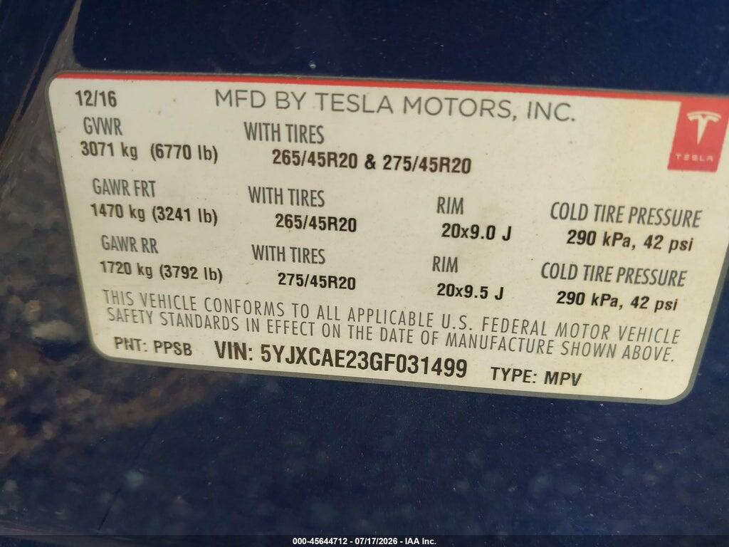 5YJXCAE23GF031499 2016 TESLA MODEL X photo no. 9