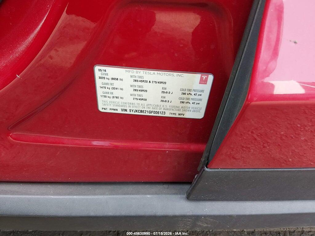 5YJXCBE21GF006123 2016 TESLA MODEL X photo no. 9