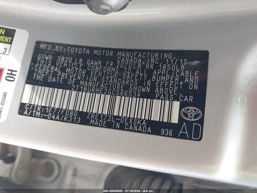 2T1BURHE2GC566534 2016 TOYOTA COROLLA photo no. 9