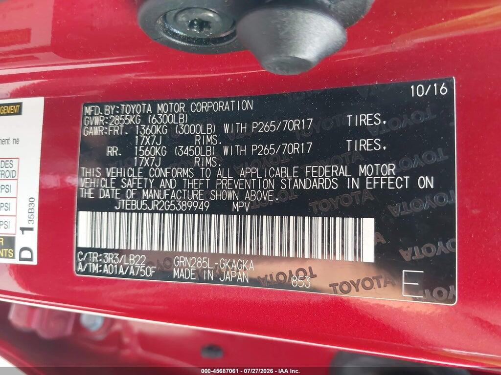 JTEBU5JR2G5389949 2016 TOYOTA 4RUNNER photo no. 9