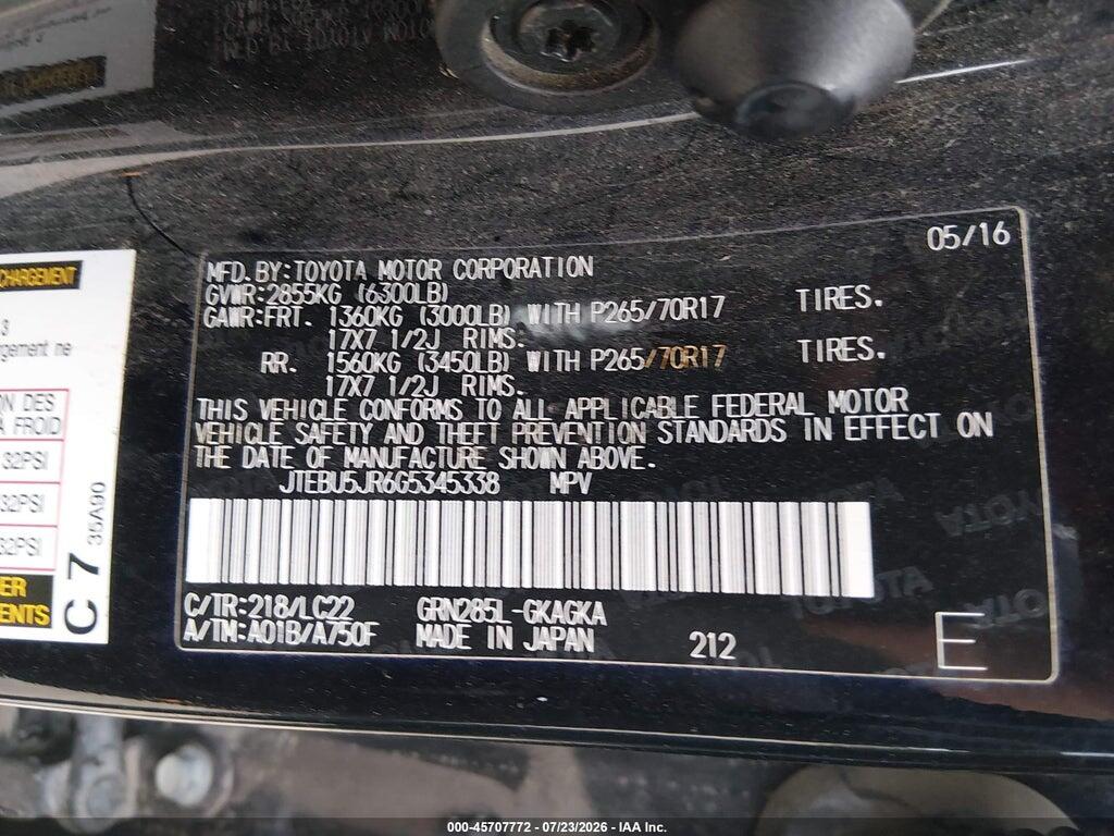 JTEBU5JR6G5345338 2016 TOYOTA 4RUNNER photo no. 9