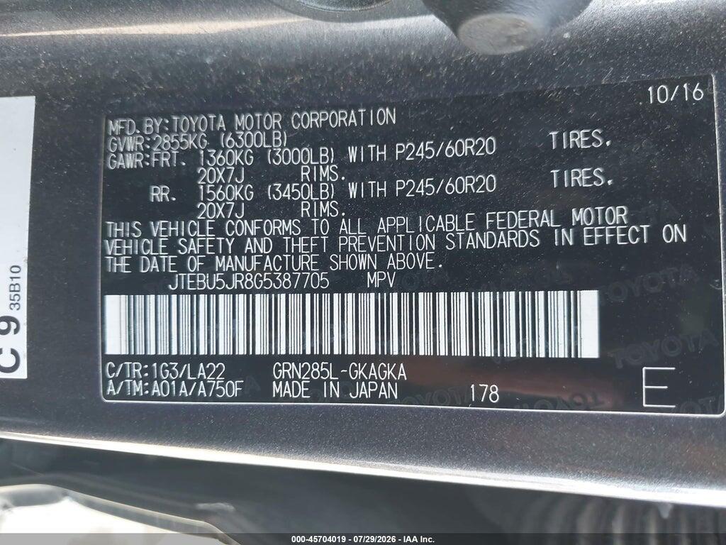 JTEBU5JR8G5387705 2016 TOYOTA 4RUNNER photo no. 9