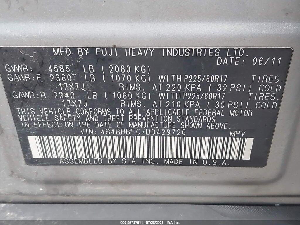 4S4BRBFC7B3429726 2011 SUBARU OUTBACK photo no. 9