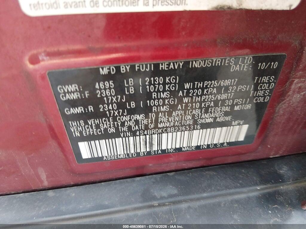 4S4BRDKC8B2365316 2011 SUBARU OUTBACK photo no. 9