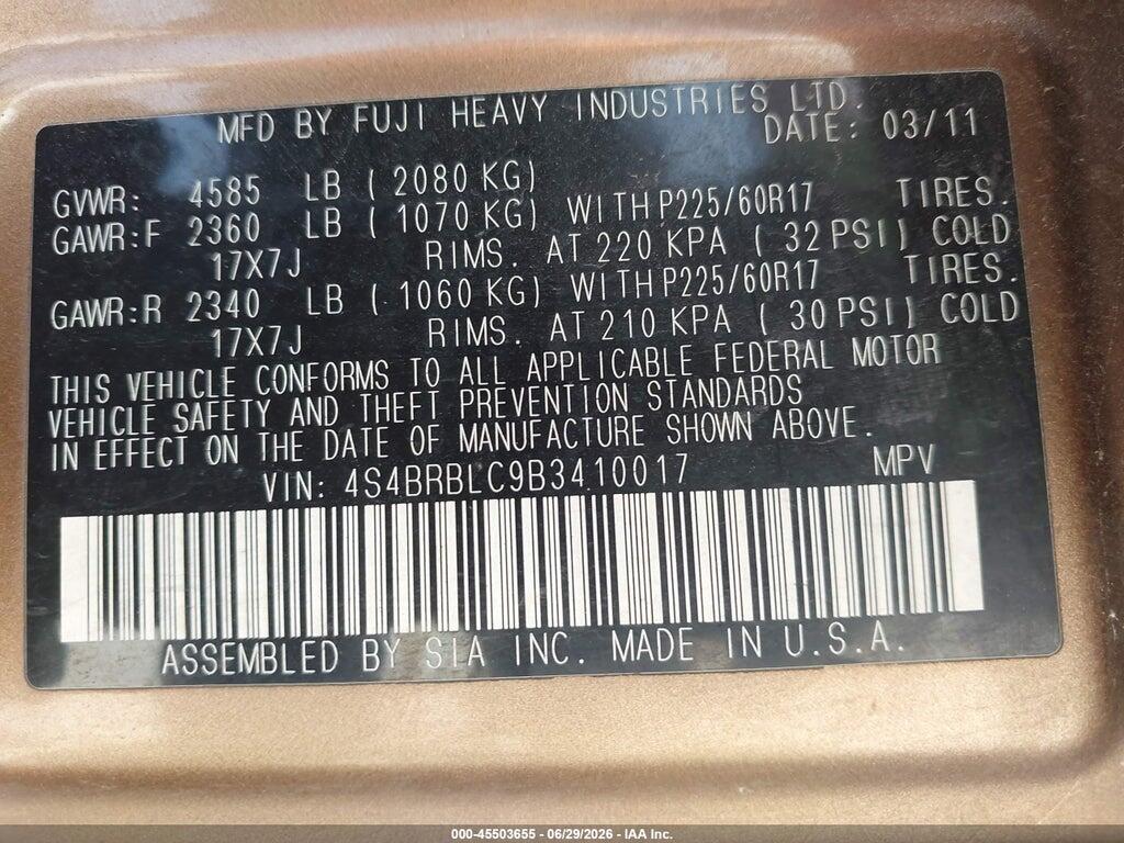 4S4BRBLC9B3410017 2011 SUBARU OUTBACK photo no. 9