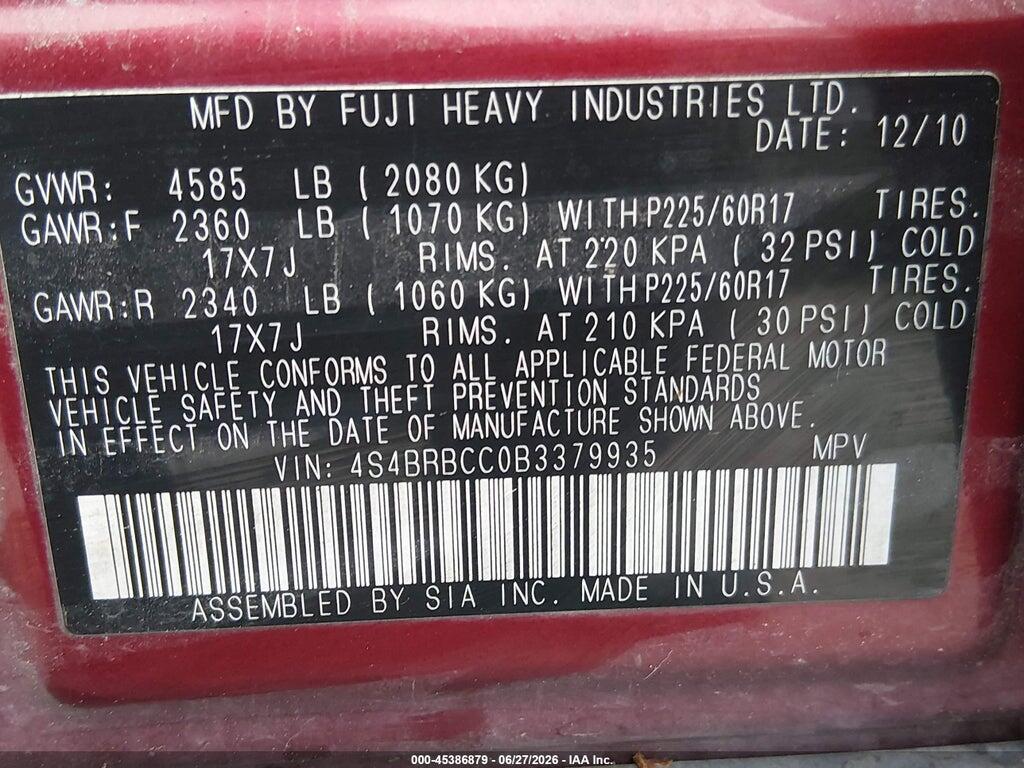 4S4BRBCC0B3379935 2011 SUBARU OUTBACK photo no. 9