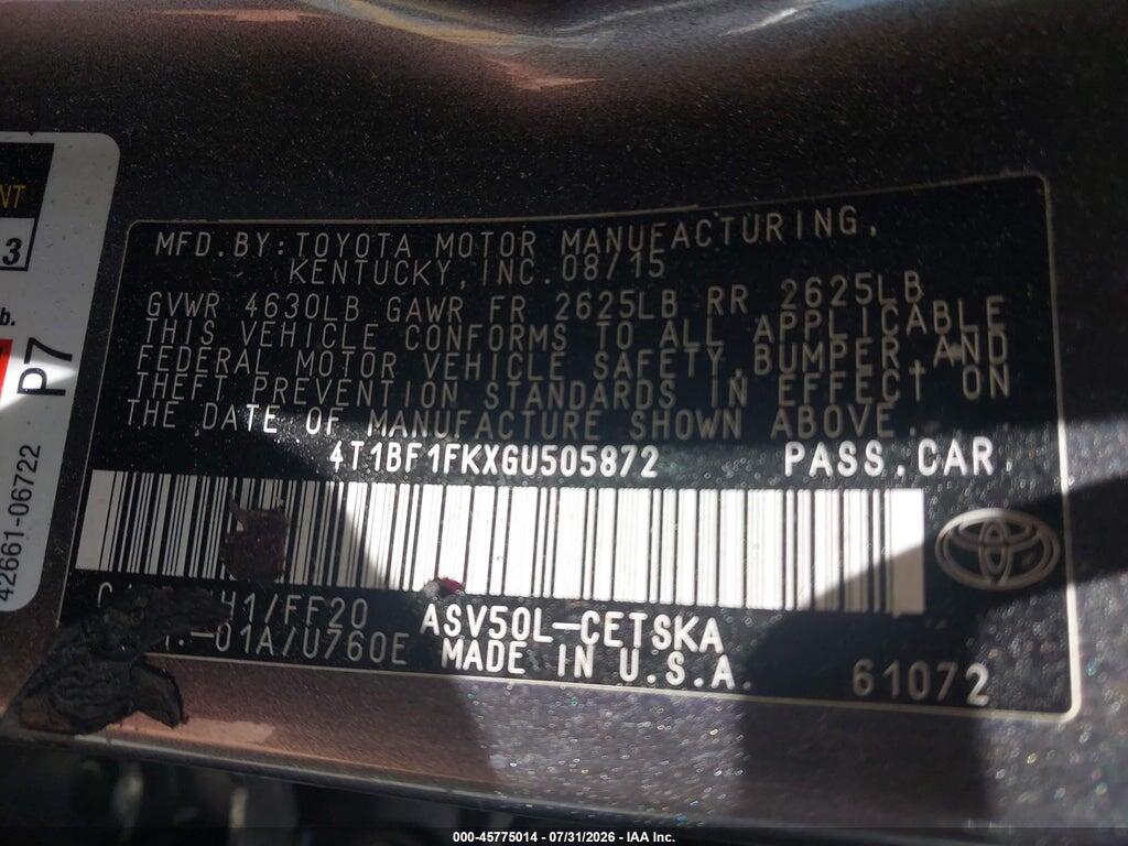 4T1BF1FKXGU505872 2016 TOYOTA CAMRY photo no. 9