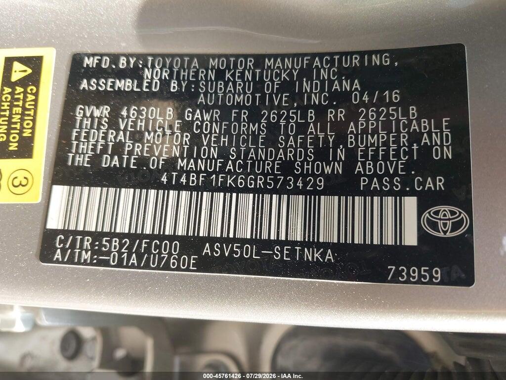 4T4BF1FK6GR573429 2016 TOYOTA CAMRY photo no. 9