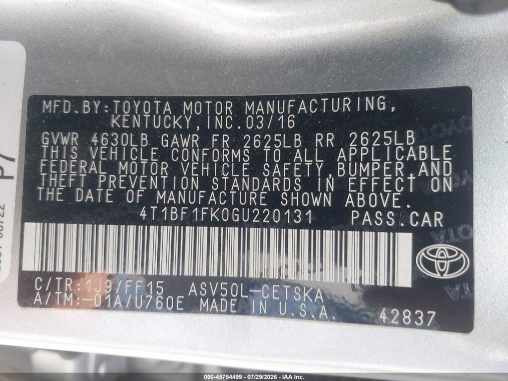 4T1BF1FK0GU220131 2016 TOYOTA CAMRY photo no. 9