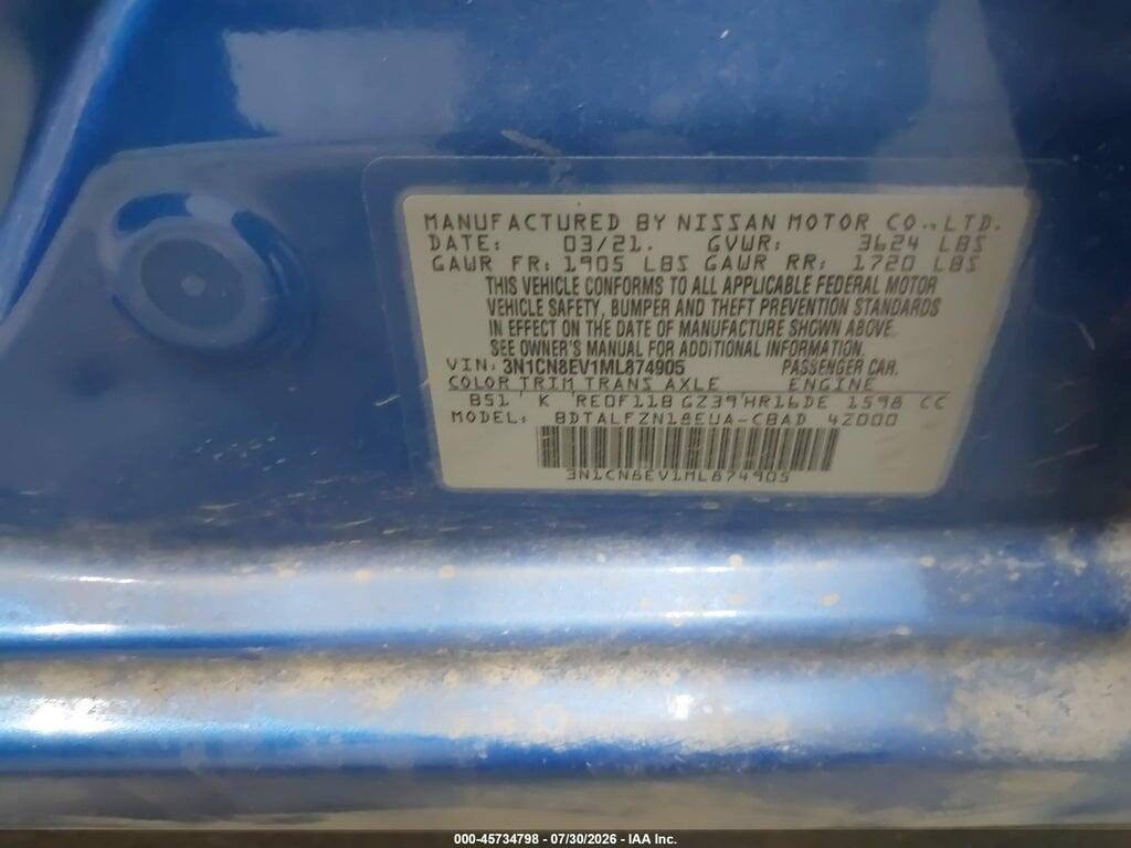 3N1CN8EV1ML874905 2021 NISSAN VERSA photo no. 9