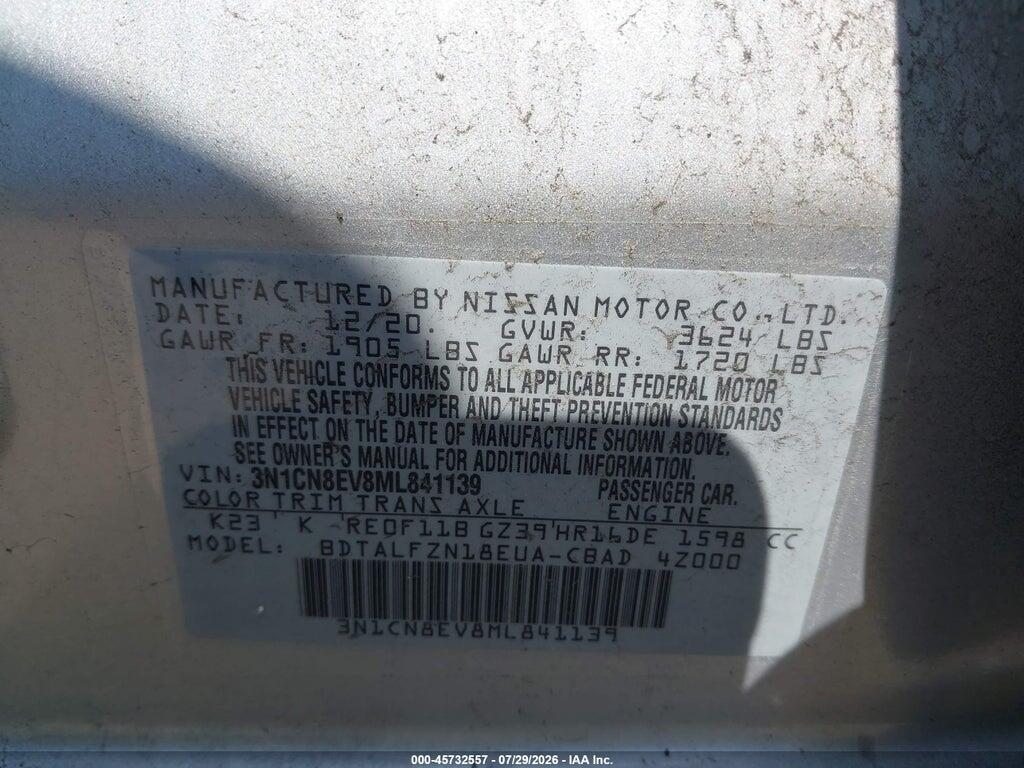 3N1CN8EV8ML841139 2021 NISSAN VERSA photo no. 9