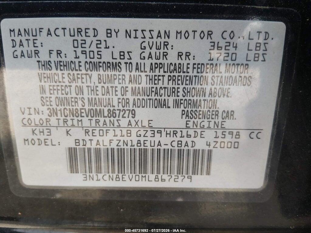 3N1CN8EV0ML867279 2021 NISSAN VERSA photo no. 9