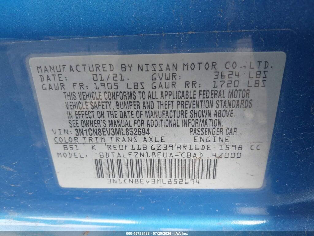 3N1CN8EV3ML852694 2021 NISSAN VERSA photo no. 9
