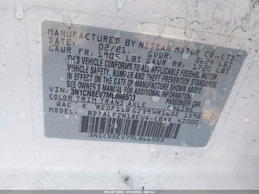 3N1CN8EV7ML866503 2021 NISSAN VERSA photo no. 9