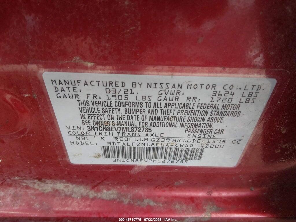 3N1CN8EV7ML872785 2021 NISSAN VERSA photo no. 9