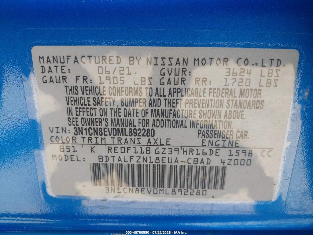 3N1CN8EV0ML892280 2021 NISSAN VERSA photo no. 9