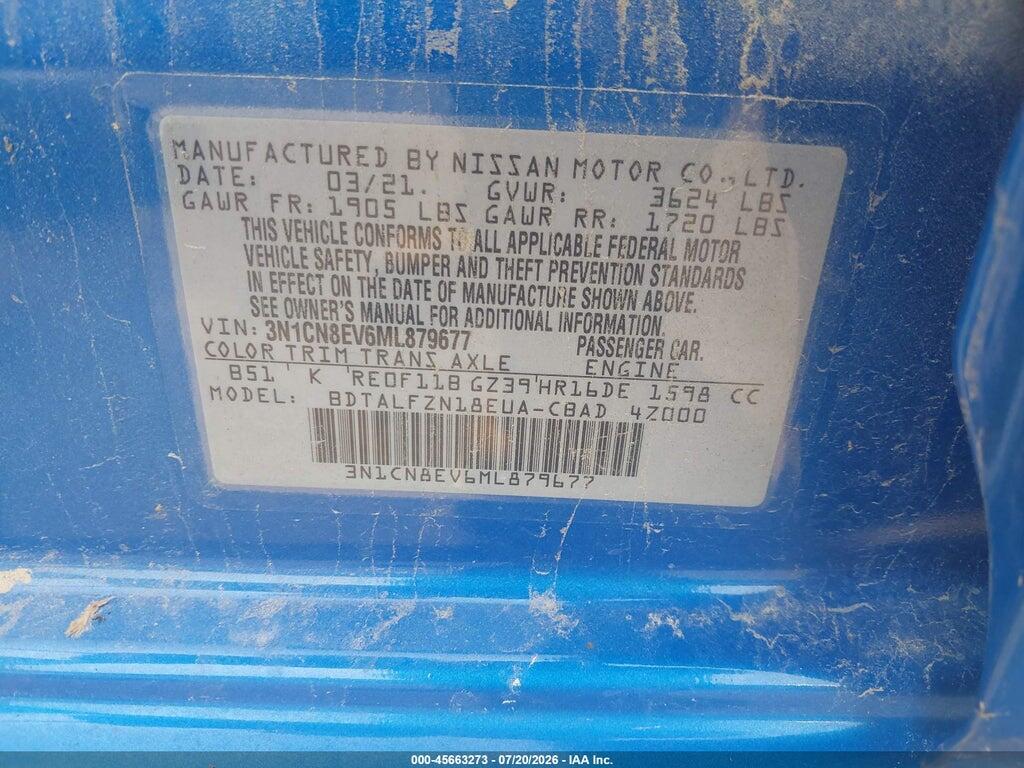 3N1CN8EV6ML879677 2021 NISSAN VERSA photo no. 9